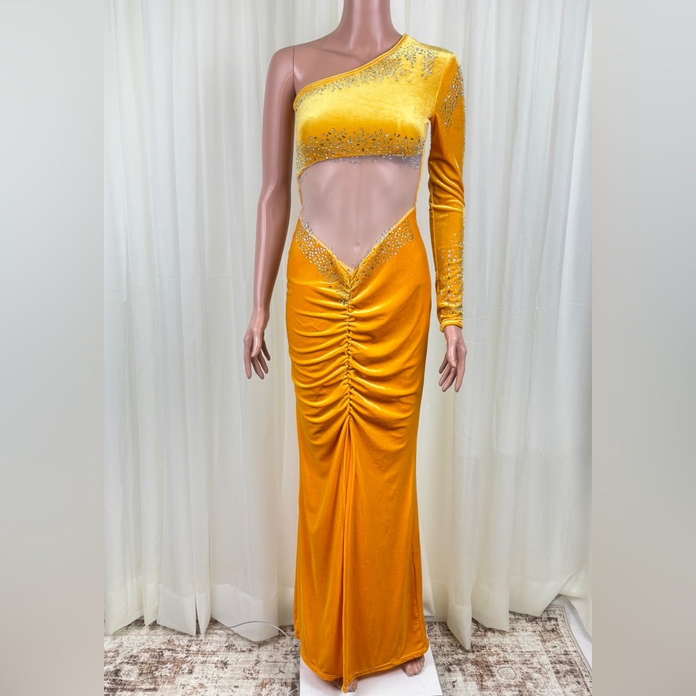 Women's Ombre Yellow Velour Sheer Accent Ruched One Shoulder Maxi Dress Sz Small